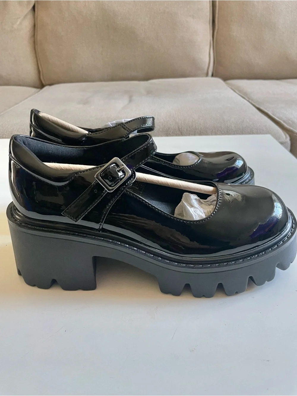 Black Patent Mary Jane Platform Shoes with Buckle Strap